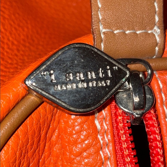 I Santi Large Pebbled Orange Leather Weekender Tote with brown handles & strap. - Picture 11 of 16